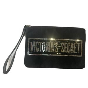Victoria's Secret Wristlet Black Silver Sequined Zipper Pouch Cosmetics Money